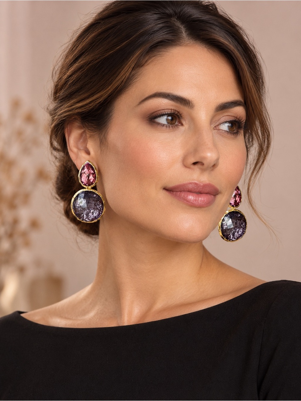 Amrita Singh Pink & Purple Faceted Statement Earrings – Bold Glam Luxe NWOT